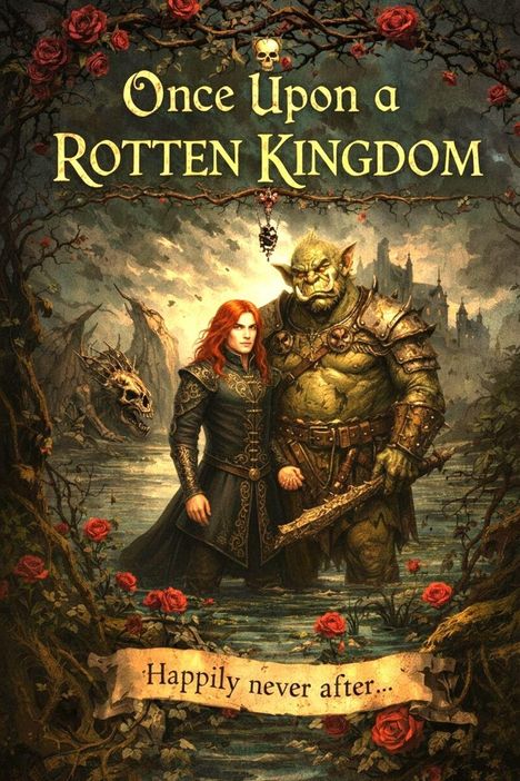 „Once Upon a Rotten Kingdom“ und „Happily never after...“. Illustration: Frau und Ork in düsterer Landschaft mit Schloss.