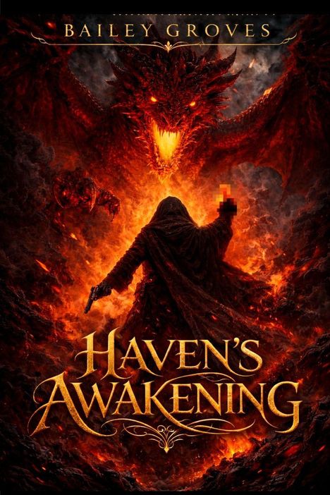 Titel: Haven’s Awakening. Ein Magier steht einem feurigen Drachen gegenüber.