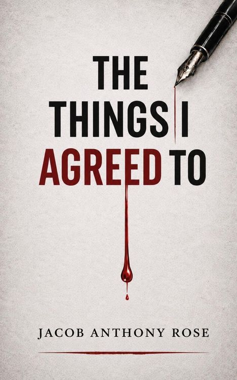 "The Things I Agreed To" und "Jacob Anthony Rose". Ein Füllfederhalter, aus dessen Spitze rote Tinte fließt.