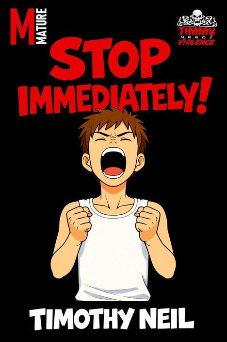 Text: "STOP IMMEDIATELY!", "TIMOTHY NEIL", "MATURE". Illustration eines schreienden Jungen mit erhobenen Fäusten.