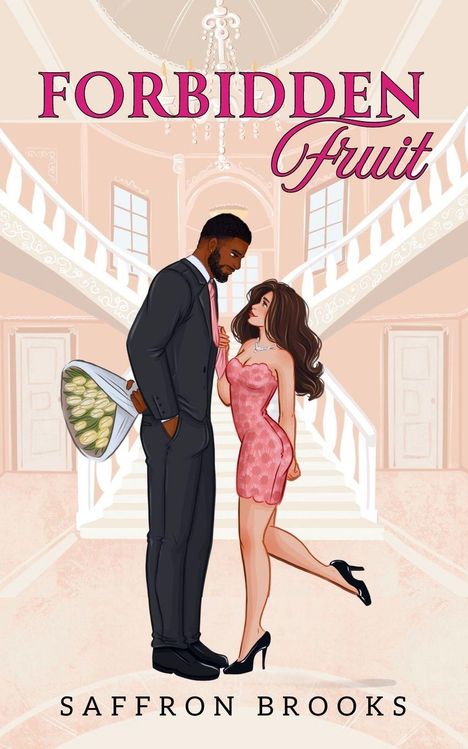 "FORBIDDEN Fruit" und "SAFFRON BROOKS". Illustration eines Paares; er im Anzug mit Blumen, sie im rosa Kleid vor Treppe.