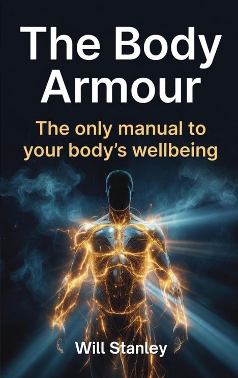 "The Body Armour" und "The only manual to your body’s wellbeing". Ein leuchtender menschlicher Körper mit strahlenden Linien.
