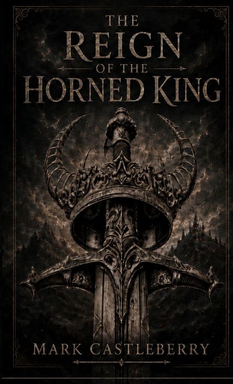 Text: "The Reign of the Horned King", "Mark Castleberry". Illustration eines Schwertes mit einer verzierten, gehörnten Krone.