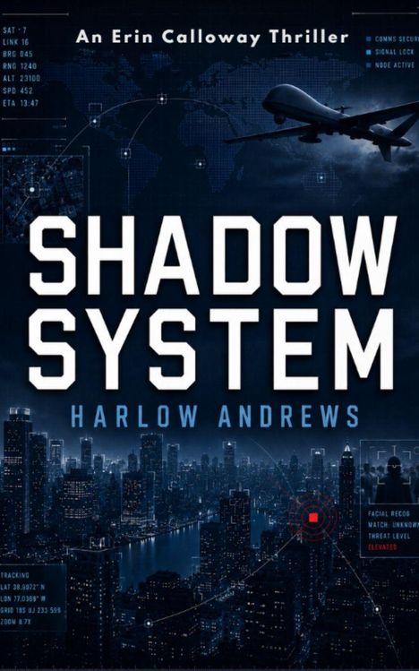 "An Erin Calloway Thriller", "SHADOW SYSTEM", "HARLOW ANDREWS". Eine Drohne fliegt über eine nächtliche Stadtansicht.