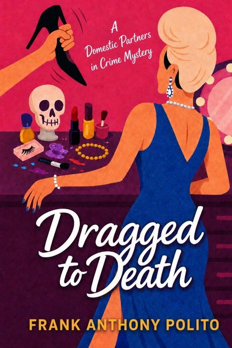 Text: "A Domestic Partners in Crime Mystery", "Dragged to Death", "Frank Anthony Polito". Illustration: Frau mit Schädel und Schminktisch.