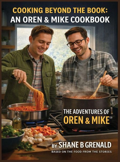 "Cooking Beyond the Book: An Oren & Mike Cookbook, The Adventures of Oren & Mike by Shane B Grenald." Zwei Männer kochen lächelnd.