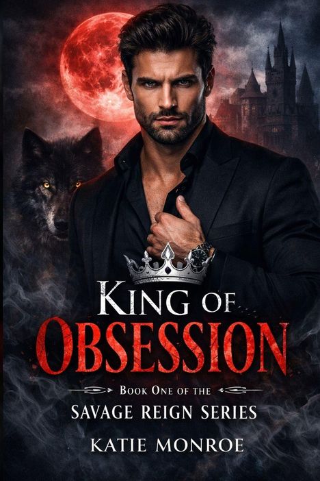 Text: "King of Obsession, Book One of the Savage Reign Series, Katie Monroe." 

Düsteres Cover mit Mann, Wolf und rotem Mond.