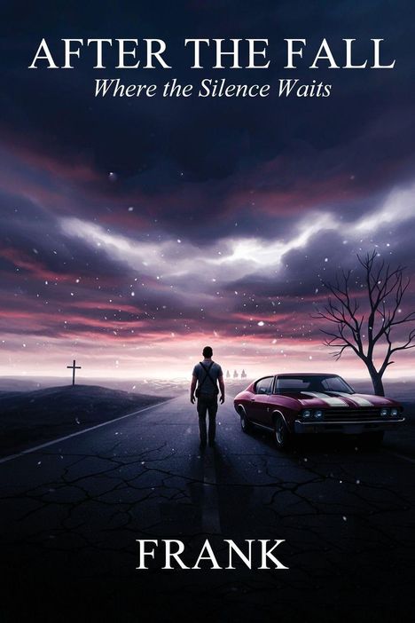 "After the Fall: Where the Silence Waits. Frank." Ein Mann auf einer Straße, neben einem roten Auto, karge Landschaft im Hintergrund.