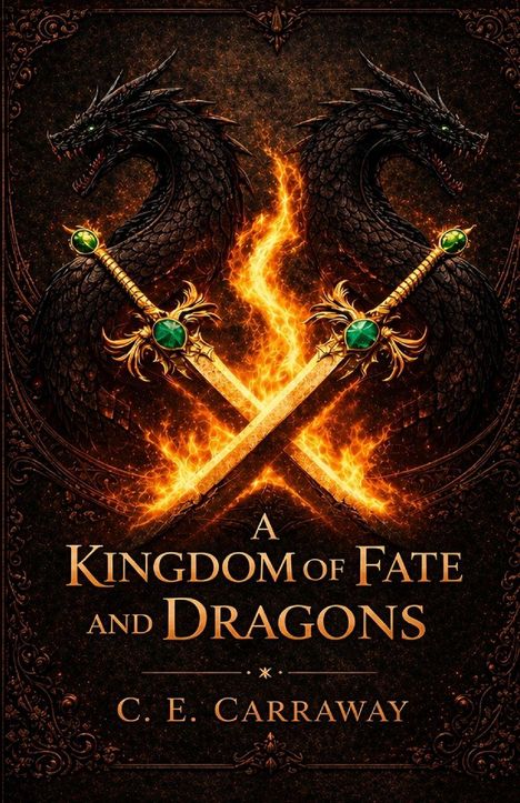 "A Kingdom of Fate and Dragons" von C.E. Carraway. Zwei schwarze Drachen, Feuer und gekreuzte Schwerter mit grünen Edelsteinen.