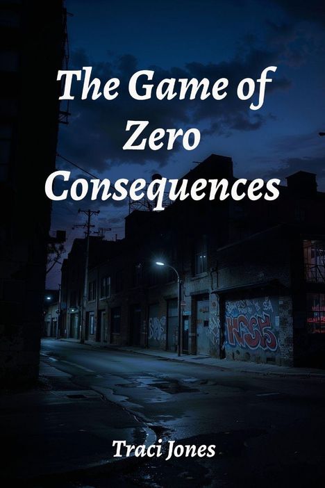 Text: "The Game of Zero Consequences" und "Traci Jones". Eine dunkle, verlassene Straße mit Graffiti und Straßenlaternen.
