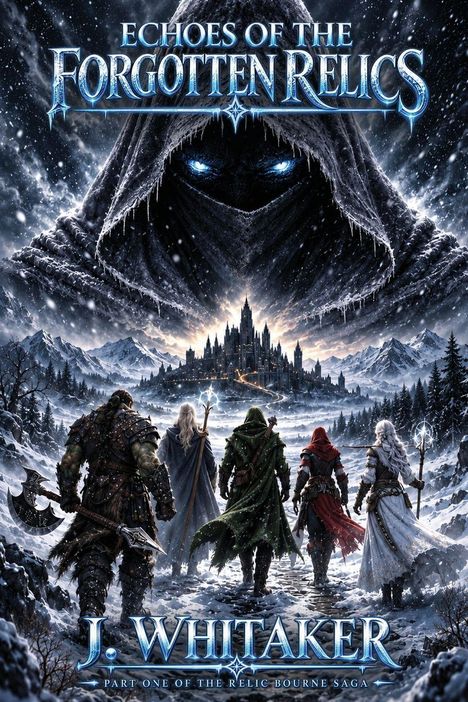 Text: "Echoes of the Forgotten Relics", "J. Whitaker", "Part One of the Relic Bourne Saga". 

Illustration: Vier Figuren im Schnee vor einem Schloss. Drohende Kapuze oben.