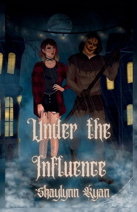 "Under the Influence" und "Shaylynn Ryan". Illustration: Frau in rotem Hemd, Figur mit Kürbiskopf, dunkle Umgebung, Mondlicht.