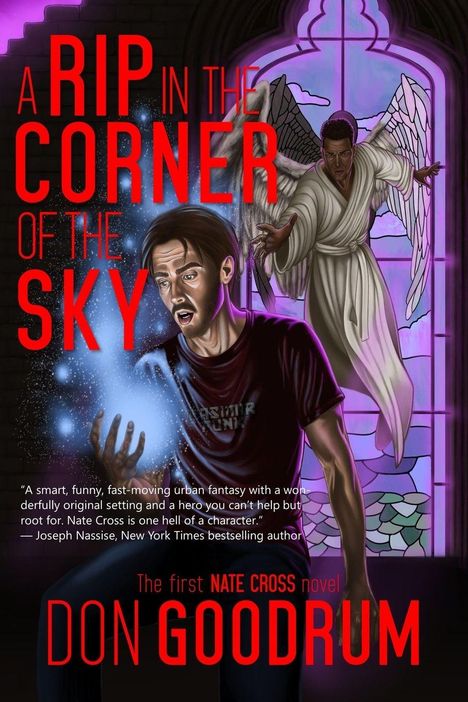 Buchtitel: A RIP IN THE CORNER OF THE SKY. Ein Mann mit leuchtender Hand, Engel im Hintergrund, als Illustration gestaltet.