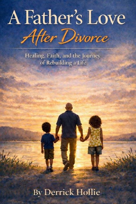 Titel: "A Father's Love After Divorce". Untertitel: "Healing, Faith, and the Journey of Rebuilding a Life". Illustration: Ein Mann und zwei Kinder Hand in Hand am See bei Sonnenuntergang.