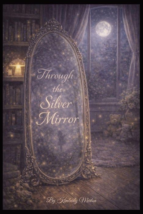 "Through the Silver Mirror" steht auf einem verzierten Spiegel. Dahinter zeigt ein Fenster den Vollmond, daneben ein Regal.