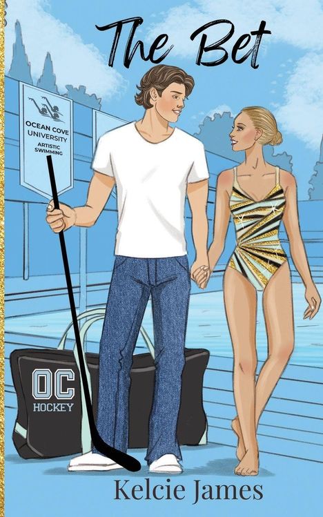 Text: The Bet. Ocean Cove University Artistic Swimming. Kelcie James. Illustration: Ein Paar hält Händchen am Pool.