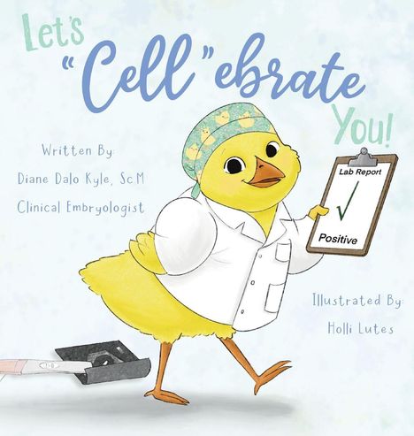 Kleines Küken im Laboroutfit hält ein Klemmbrett mit "Lab Report: Positive". Fröhliche Illustration.