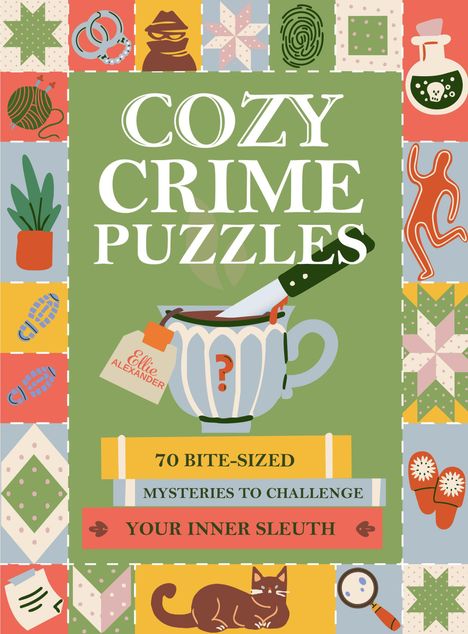 „COZY CRIME PUZZLES“, Stapel Bücher, Messer in Tasse, bunte Randmuster mit Verbrechensthemen.