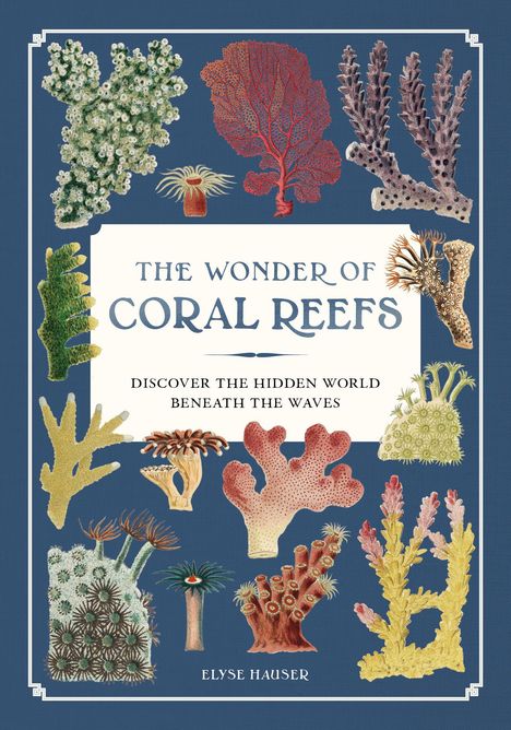 Illustration von Korallen in verschiedenen Formen und Farben umrahmen den Text "The Wonder of Coral Reefs".