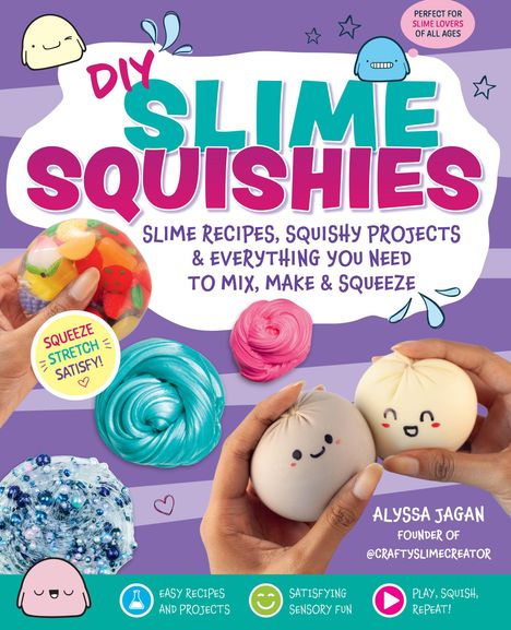 Text: DIY SLIME SQUISHIES. Bunte, süße Slime-Illustrationen und -projekte, lächelnde Figuren und Hände, die Slime halten.