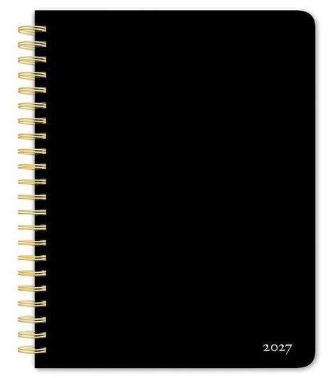 Spiralgebundenes Notizbuch mit schwarzem Cover. In der unteren rechten Ecke steht die Zahl "2027".