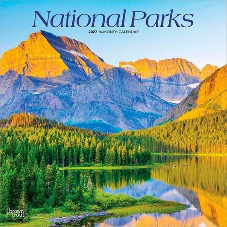 "National Parks 2027 16-Month Calendar." Eine malerische Landschaft mit Bergen, Wald und einem See im Vordergrund.