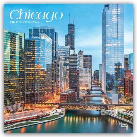 Text: "Chicago 2027 16-Month Calendar". Skyline von Hochhäusern entlang eines Flusses während der Dämmerung.