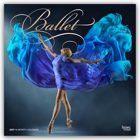 „Ballet“ in geschwungener Schrift. Eine Ballerina tanzt in einem wirbelnden blauen Kleid.