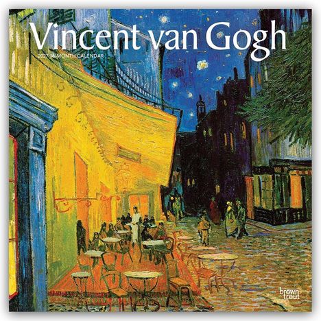 „Vincent van Gogh. 2024 16-Month Calendar.“ Nachtcafé-Szene mit gelbem Licht, Sternenhimmel und Personen auf der Straße.