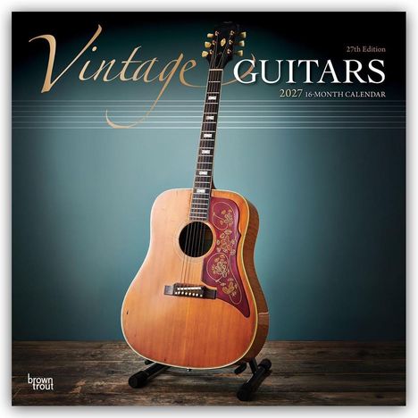 Text: "Vintage Guitars", "2027 16-Month Calendar", "27th Edition". Eine Akustikgitarre steht auf einem Holzständer.