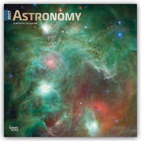 "2027 Astronomy 16-Month Calendar." Leuchtend farbenfrohe Weltraumaufnahme mit grünen und roten Nebeln und funkelnden Sternen.