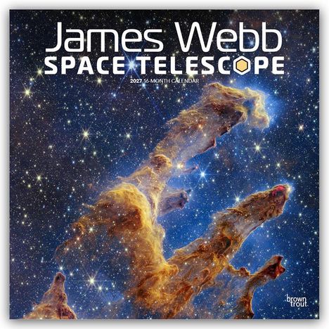 Text: „James Webb Space Telescope“, „2024 16-Month Calendar“. Hintergrund zeigt farbenfrohe Weltraumnebel und Sterne.
