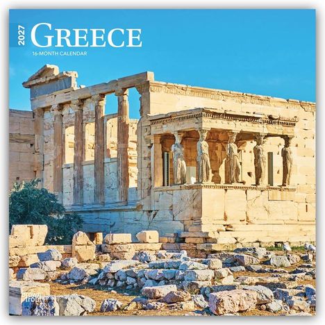 Text: "2027 GREECE 16-MONTH CALENDAR". 

Antiker griechischer Tempel mit Säulen und Statue, sonnig.