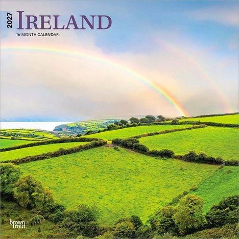 2027 Ireland, 16-Month Calendar. Ein Regenbogen wölbt sich über grüne Felder mit einem Küstenausblick.