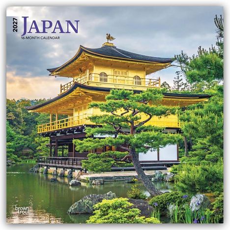 2027 JAPAN 16-MONTH CALENDAR. Ein traditionelles, goldenes japanisches Pavillon umgeben von Bäumen und einem Teich.