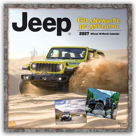 "Jeep. Go Anywhere. Do Anything. 2027 Official 16-Month Calendar." Ein Jeep fährt durch eine sandige Wüste.