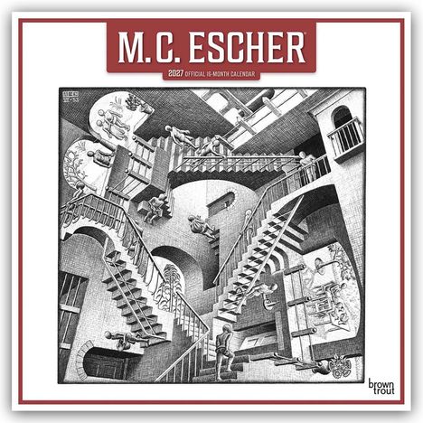 Text: "M.C. ESCHER 2027 OFFICIAL 16-MONTH CALENDAR". Eine verwirrende Illustration mit ineinander verdrehten Treppen.