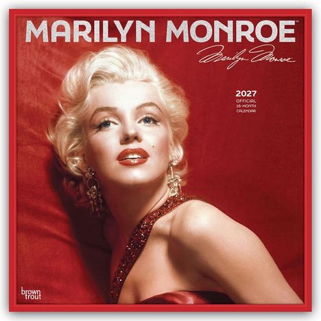MARILYN MONROE. 2027 OFFICIAL 16-MONTH CALENDAR. Frau in rotem Kleid, blonde Haare, roter Hintergrund.