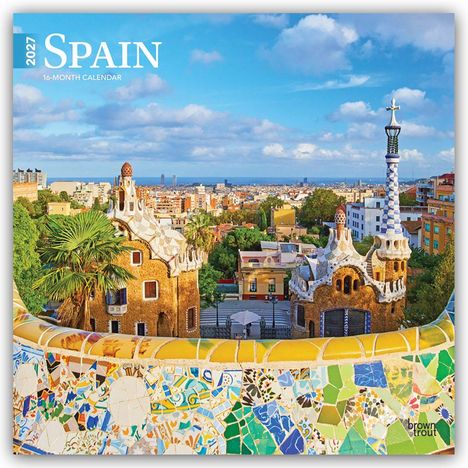 "2027 SPAIN 16-MONTH CALENDAR" über einem Stadtpanorama mit buntem Mosaik im Vordergrund und charakteristischer Architektur.