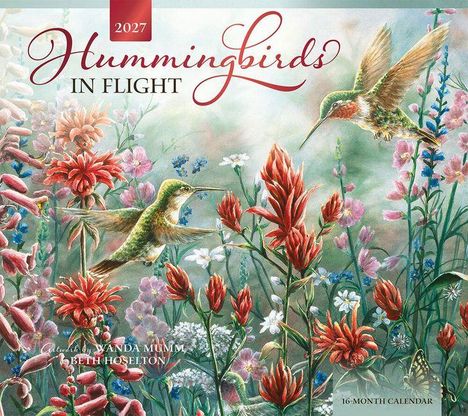 "2027 Hummingbirds in Flight" steht zentral. Gemälde: Zwei Kolibris fliegen um leuchtend rote Blüten.