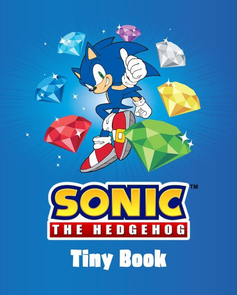 "Sonic The Hedgehog Tiny Book" in gelbem und weißem Text. Illustration von Sonic, umgeben von bunten Edelsteinen.