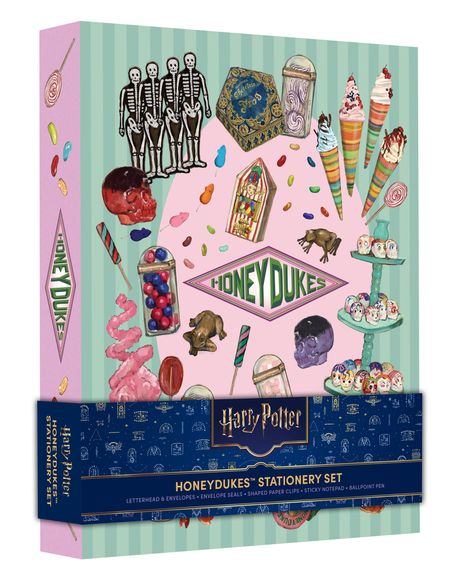 "Honeydukes" und "Harry Potter" Schriftzüge, umgeben von bunten Süßigkeiten und Illustrationen auf einem Set.