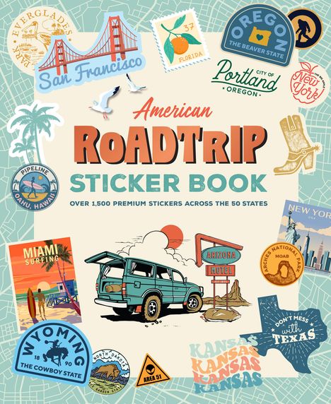 "American Roadtrip Sticker Book" zeigt Stickermotive aus den USA: Auto, Brücke, Palmen, Surfbrett, Cowboy-Stiefel und Wüstenlandschaft.