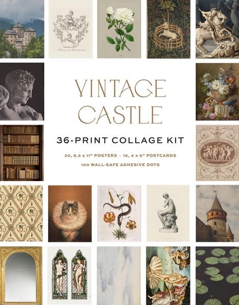 „VINTAGE CASTLE 36-PRINT COLLAGE KIT“, darunter verschiedene Kunstwerke wie Burgen, Blumen, Skulpturen und historische Motive.