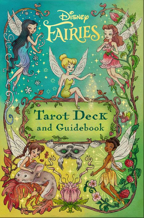 Text: "Disney Fairies Tarot Deck and Guidebook". Illustration mit sechs Feen und Pflanzenornamenten.