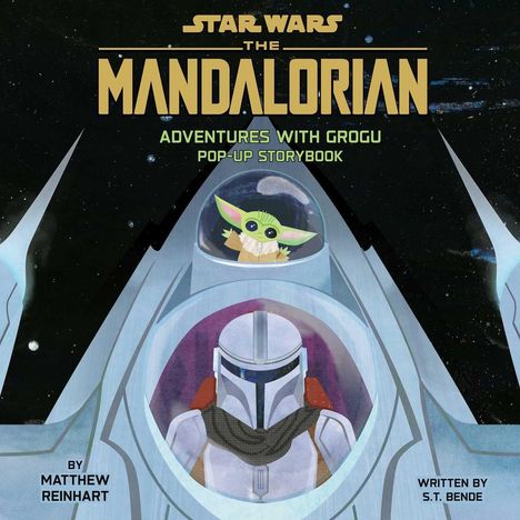 "Star Wars: The Mandalorian Adventures with Grogu Pop-Up Storybook. Illustration eines Schiffes mit Grogu und einem Mandalorianer."
