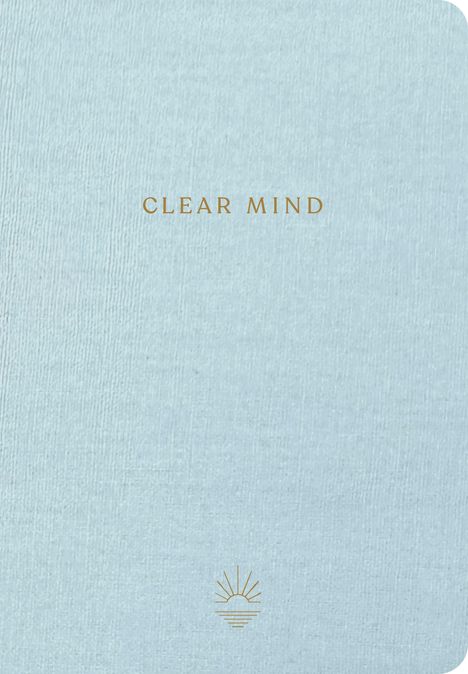Text: "CLEAR MIND". Darunter ein schlichtes Sonnensymbol auf einem hellblauen, texturierten Hintergrund.