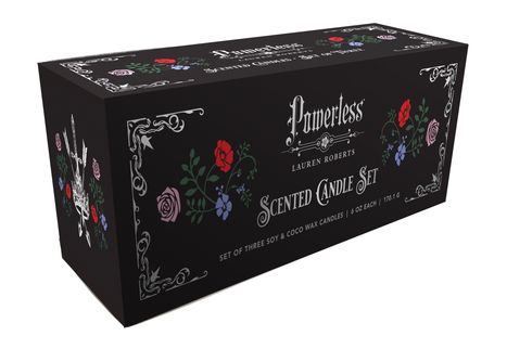 "Powerless Lauren Roberts Scented Candle Set" steht in weißer Schrift auf dunklem Hintergrund, umgeben von Blumenmotiven.