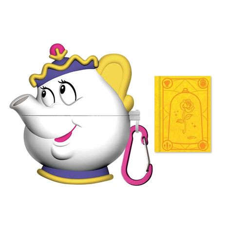 Eine lächelnde Teekanne mit einem pinken Karabiner. Daneben ein gelbes Notizbuch mit einer Rose unter einer Glocke.