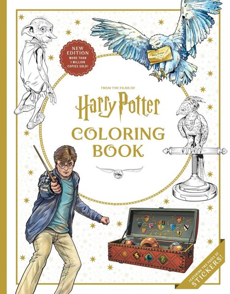 „From the Films of Harry Potter: Coloring Book“. Illustration: Junge mit Zauberstab, Eule, Elf, Schmuckkiste mit Wappen.